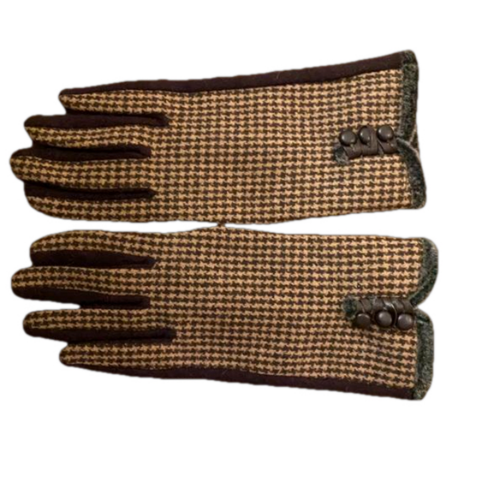 100% wool plaid checkered gloves with button and fur detail